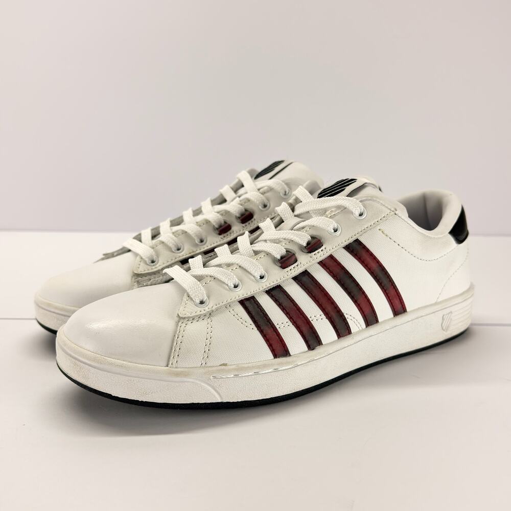 K-Swiss Women 9.5 Hoke CMF Leather Sneakers White Red Stripes 93615-199-M Low - Picture 2 of 12